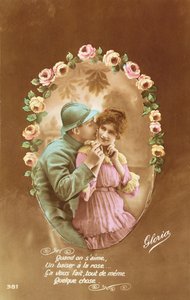Pohlednice zobrazující francouzského vojáka a jeho milenku, 1914-18 (barevné foto) od French School