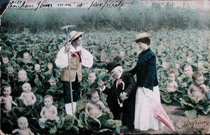Pohlednice zobrazující pár hledající dítě od French School