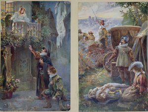 Pohlednice zobrazující Cyrano de Bergerac s Roxanne a smrt Christiana, kolem roku 1900 od French School