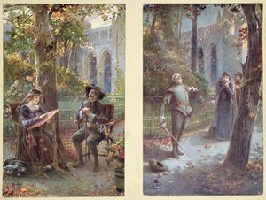 Pohlednice zobrazující Cyrano de Bergerac s Roxanne, kolem roku 1900 od French School