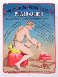 Plakát inzerující elektromedicínský masážní a stimulační přístroj Pulvermacher, 1884