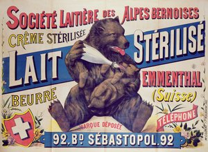 Plakát inzerující sterilizované mléko, máslo a ementálský sýr ze Societe Laitiere des Alpes Bernoises, 1895-1900