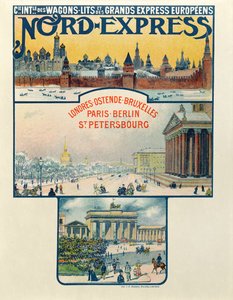 Plakát inzerující Compagnie des Wagons-Lits et des Grands Express Europeens, Londýn do Petrohradu, počátek 20. století