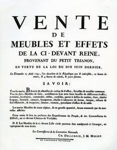 Plakát inzerující prodej nábytku a efektů Marie-Antoinetty 25. srpna od French School