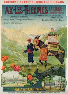 Plakát inzerující lyžařské středisko Ax-Les-Thermes, Francie, kolem roku 1900