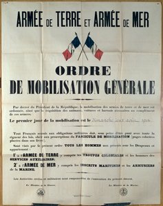 Plakát oznamující všeobecnou mobilizaci ve Francii, 2. srpna 1914 od ministra de la Guerre et de la Marine od French School