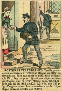 Pošty a telegrafy, dokládající dobré fungování telekomunikací a pošty díky republice. Rytina, v „“Le Figaro, příloha““, 30. 3. 1889, Paříž. Coll. Selva. od French School