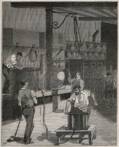 Keramika, Manufacture de Sevres: Dílna pro vakuové lití a lití stlačeného vzduchu. Rytina z roku 1885 v „“Les arts et metiers illustres““ od Adolphe BITARDA. od French School