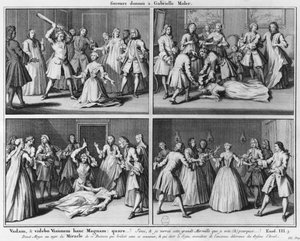 Praxe pomoci Gabrielle Moler, ilustrace z knihy La verite des miracles de M. de Paris... od Louise Basile Carre de Montgeron (1686-1754) 1747, Kolín nad Rýnem od French School