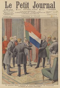 Premiér Louis Botha představuje novou vlajku kolonie Transvaal britskému koloniálnímu... (barva litho) od French School