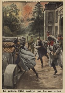 Pruský princ Eitel Friedrich, druhý syn německého císaře Viléma II., prchá v panice, když je jeho velitelství na zámku Temple-la Fosse ostřelováno francouzským dělostřelectvem během bitvy na Sommě, 1. světová válka. od French School