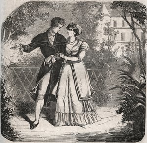 Princezna z Walesu Carolina of Brunswick (1768-1821) na procházce se svým milencem Bartolomeem Bergamim. Rytina z roku 1871 v „Histoire Des Cocus Celebres““ od Henryho de Kocka (1819-1892). od French School