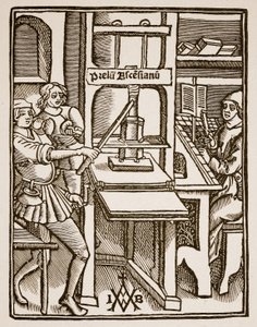 Tiskárna, titulní list knihy Hegesippus, vytiskl Jodocus Badius Ascensius, Paříž, 1511 (sépiová fotografie) od French School