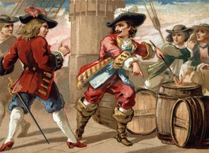 Vojín Jean Bart (1650-1702) ohrožoval anglického lupiče, který ho vzal do zajetí, tím, že mu vyhrožoval, že vyhodí jeho loď do povětří zapálením sudu s prachem. Chromolitografie konce 19. století od French School