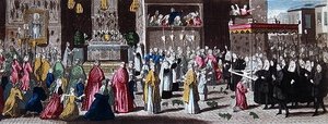 Procesí během Fete-Dieu v Paříži (barevná rytina) od French School