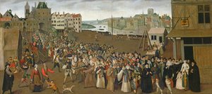 Procesí Svaté ligy na náměstí Place de Grève, opouštějící oblouk Saint-Jean, Paříž, 1590-3