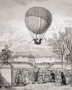 Profesor Jacques Charles a Nicolas-Louis Robert létají 1. prosince 1783 s prvním pilotovaným vodíkovým balonem na světě v Tuilleries Gardens v Paříži z „Histoire de France“, vydaného kolem roku 1880 (rytina) od French School