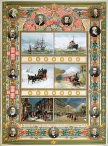 Pokrok za vlády královny Viktorie (1819-1901). Plachetnice, parní lodě, parní vlak a plynové a elektrické pouliční osvětlení, 1887 od French School