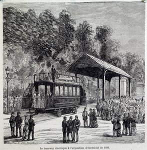 Pokrok v dopravě: elektrická tramvaj vystavovala elektřinu v roce 1881. Rytina 19. stol. od French School