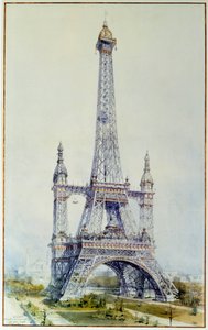 Projekt úpravy Eiffelovy věže pro výstavu v roce 1900 (květen 1896). Rytina z roku 1896. Paříž, Národní archiv od French School