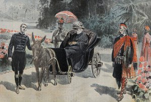 Promenade de Victoria I (1837-1901) Anglická královna, v parku hotelu Cimiez poblíž Nice. Rytina v “” Le Pelerin”” 26/03/1899. od French School