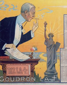Reklamní kalendář pro výrobce cigaretového papíru Rizla, zobrazující prezidenta Woodrowa Wilsona (1856-1924) a 15. návrh pro Společnost národů, 1920 od French School