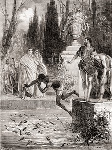 Publius Vedius Pollio, římský jezdec, krmící otroka svých úhořů mihulí, z Les Merveilles de la Science, vydáno kolem roku 1870 od French School