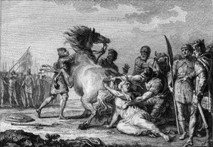 Trest Brunehaut, 613: Brunehaut nebo Brunehilde (543-613), královna Austrasie, je připevněna k ocasu nezdolného koně, než je stažena na zem. Rytina 18. století. od French School