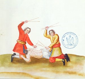 Trest hůlkami, z Voyage en Russie, 1731 (pero, inkoust a wc na papíře) od French School