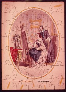 Dílky skládačky zobrazující ženu malující u stojanu, cca 1840-50 (barevná litografie) od French School