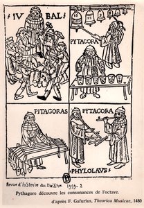 Pythagoras (asi 580-500 př. n. l.) objevující souzvuky oktávy z Theorica Musicae od Franchina Gaffuria, poprvé publikovaného v roce 1480, z Revue de lHistoire du Theatre, 1959 (bw phot od French School