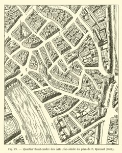 Čtvrť Saint-Andre des Arts, faksimile plánu F Quesnela, 1608 od French School