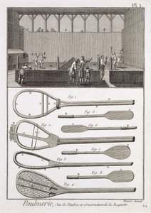 Skutečný tenis a konstrukce raket, z encyklopedie Denise Diderota (1713-84), vyrytého Robertem Benardem (nar. 1734), vydané kolem roku 1770 od French School