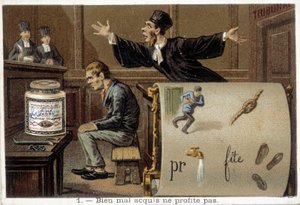 Rébus a scéna ilustrující přísloví „Dobrá acquis ne jamais profit“ - chromo. Liébig od French School