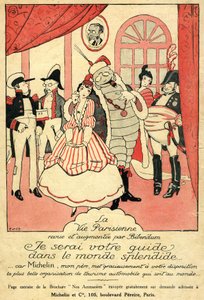 Stažení pneumatiky Michelin z oběhu 1914. La Vie Parisienne recenzovaná a rozšířená Bibendum: "Budu vaším průvodcem v nádherném světě, protože Michelin, můj otec, vám dává nejkrásnější organizaci automobilové turistiky na světě". Na stěně rámeček s od French School