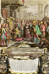 Přijetí tureckého velvyslance velkého sultána Achmeta Mehemeta Effendiho Ludvíkem XV. 21. března 1721 v Tuileriích. Rytina z 18. století. Soukromá sbírka. od French School
