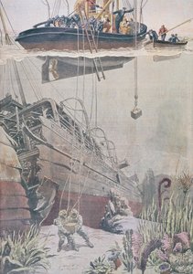Získání pokladu z vraku Oceany, ilustrace z Le Petit Journal, 1912 od French School