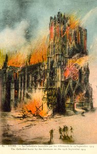 Remeš, katedrála vypálená Němci 19. září 1914 (barva lito) od French School