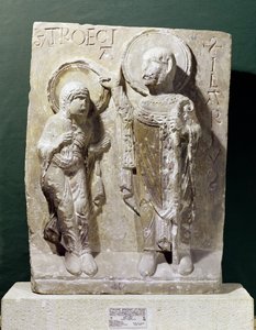 Reliéf zobrazující sv. Hilárie z Poitiers (320–368) žehnající sv. Triaise, kolem 1150 od French School