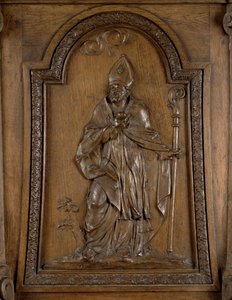 Reliéf zobrazující svatého Medarda (asi 456-545), biskupa z Noyonu, z kazatelny (dřevo)