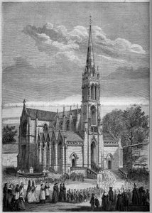 Církevní architektura: celkový pohled na kostel Monfort le Retrou (dnes Montfort le Gesnois v Sarthe (72), den jeho inaugurace v roce 1858. Z náčrtu pana Moulina. Rytina v „“ Le Monde Illustré““ n °77 ze dne 2. října 1858. od French School