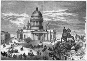 Náboženská architektura: pohled na pravoslavný kostel svatého Izáka (1819-1858) v Petrohradě (Saint Petersburg) v Rusku, postavený podle plánů architekta Ricarda de Montferrand (1786-1858). Vpravo je jezdecká socha Petra od French School