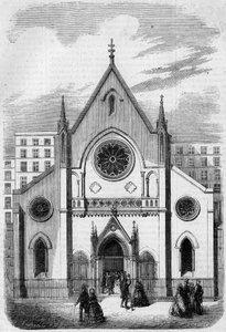 Náboženská architektura: pohled na průčelí chrámu pro Američany žijící v Paříži, rue de Berry, v roce 1857. Budova postavená architektem panem Salmonem. Rytina v „“ Le Monde Illustré““ č. 33 z 28. listopadu 1857. od French School