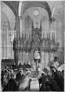 Náboženské umění: socha Notre Dame du Pillar neboli „“Virgo Noire““ (asi 1540) v katedrále v Chartres (Eure et Loire, 28) v roce 1858. Rytina v „“Le Monde Illustré““ č. 89 z 25. prosince 1858. od French School