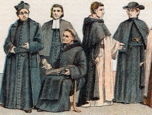 Náboženské kostýmy: z g a d portrét jezuity, otce Mariste (Marcellin Champagnat), benediktinského mnicha, dominikánského mnicha a obláta - Rytina - Náboženské kostýmy: zleva doprava, portrét jezuity, bratra Marista, benediktina po od French School
