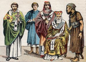 Náboženské kostýmy v antice: od g a d portrét byzantského jáhna, křesťanského kněze 1. století, eveque v 5. století, byzantského patriarchy a anachoreta - Rytina - Náboženské kroje ve starověku: zleva do r od French School