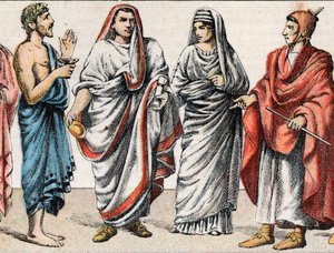 Náboženské kostýmy ve starověku: z portrétu řeckého kněze, ministra obětí, velkého pontifika ve starověkém Římě (Pontifex maximus), vestálky, přehrady starověkého Říma a plameňáka (flamen) římského kněze oddaného uctívání jednoho Bůh od French School