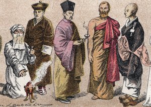 Aasian uskonnolliset puvut: g a d:sta muotokuva papista Parsista (parsismin jäsenestä tai seuraajasta), lamasta (tiibetiläinen hengellinen mestari), kiinalainen buddhalainen pappi, Ceylonin bonze ja japanilainen buddhalainen pappi - Kaiverrus - Uskonnollis od French School