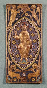 Relikviářová deska zobrazující Krista se symboly evangelistů (smaltovaná měď)