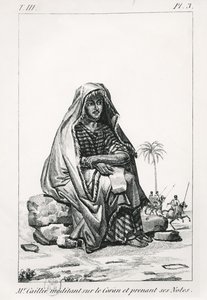 Rene Caille přemítá o Koránu a dělá si poznámky, z Journal dun voyage a Tombouctou od Rene Caillie (1799-1838), 1830